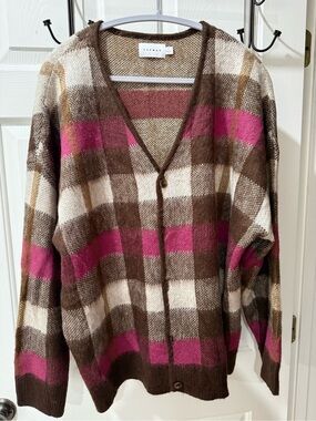 Topman Brown & Pink Plaid V‑Neck Cardigan